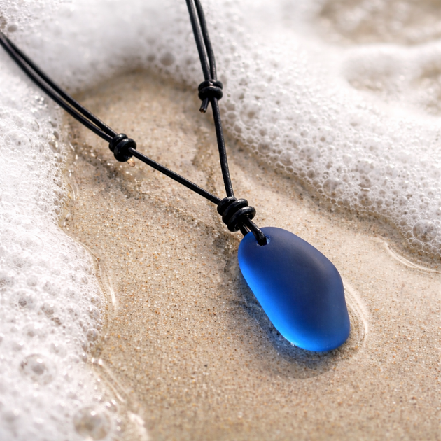 Blue Sea Glass leather choker Necklace, coastal necklace – SunVDesigns