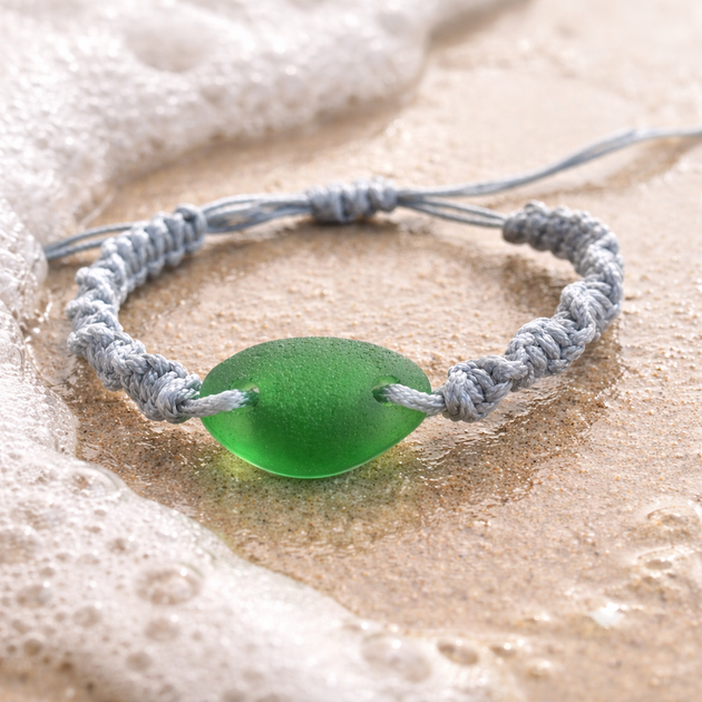 Green Beach Glass Macrame Bracelet, Beaded Coastal Jewelry, Beach
