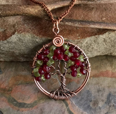 Tree of Life Necklace,Garnet/Peridot Tree of Life Necklace