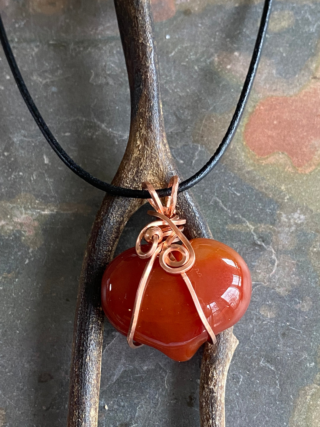 Wire Wrapped Carnelian Heart Necklace, Copper Pendant, Healing