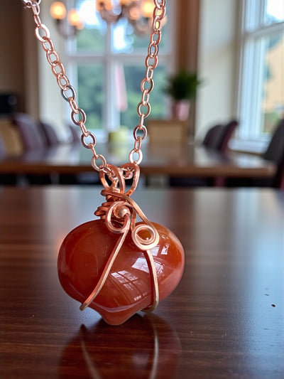 Wire Wrapped Carnelian Heart Necklace, Copper Pendant, Healing