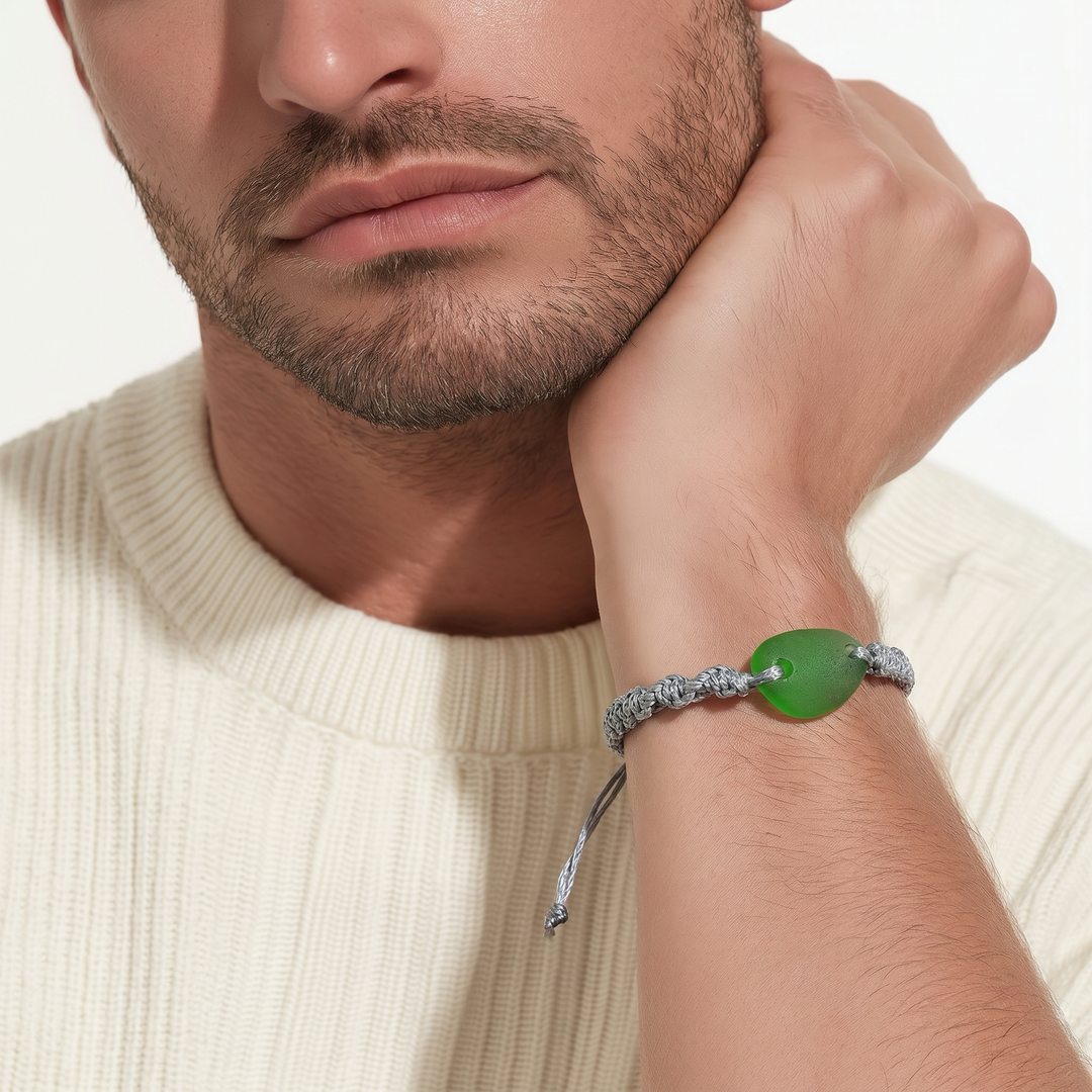 Green Beach Glass Macrame Bracelet, Beaded Coastal Jewelry, Beach