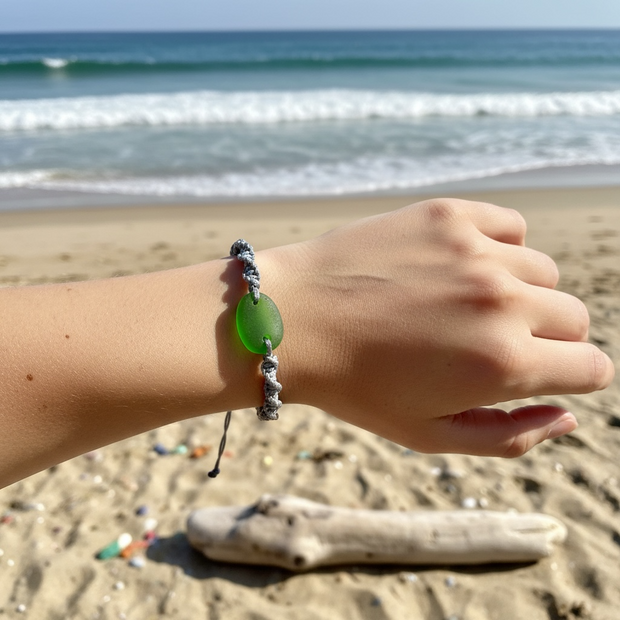 Green Beach Glass Macrame Bracelet, Beaded Coastal Jewelry, Beach