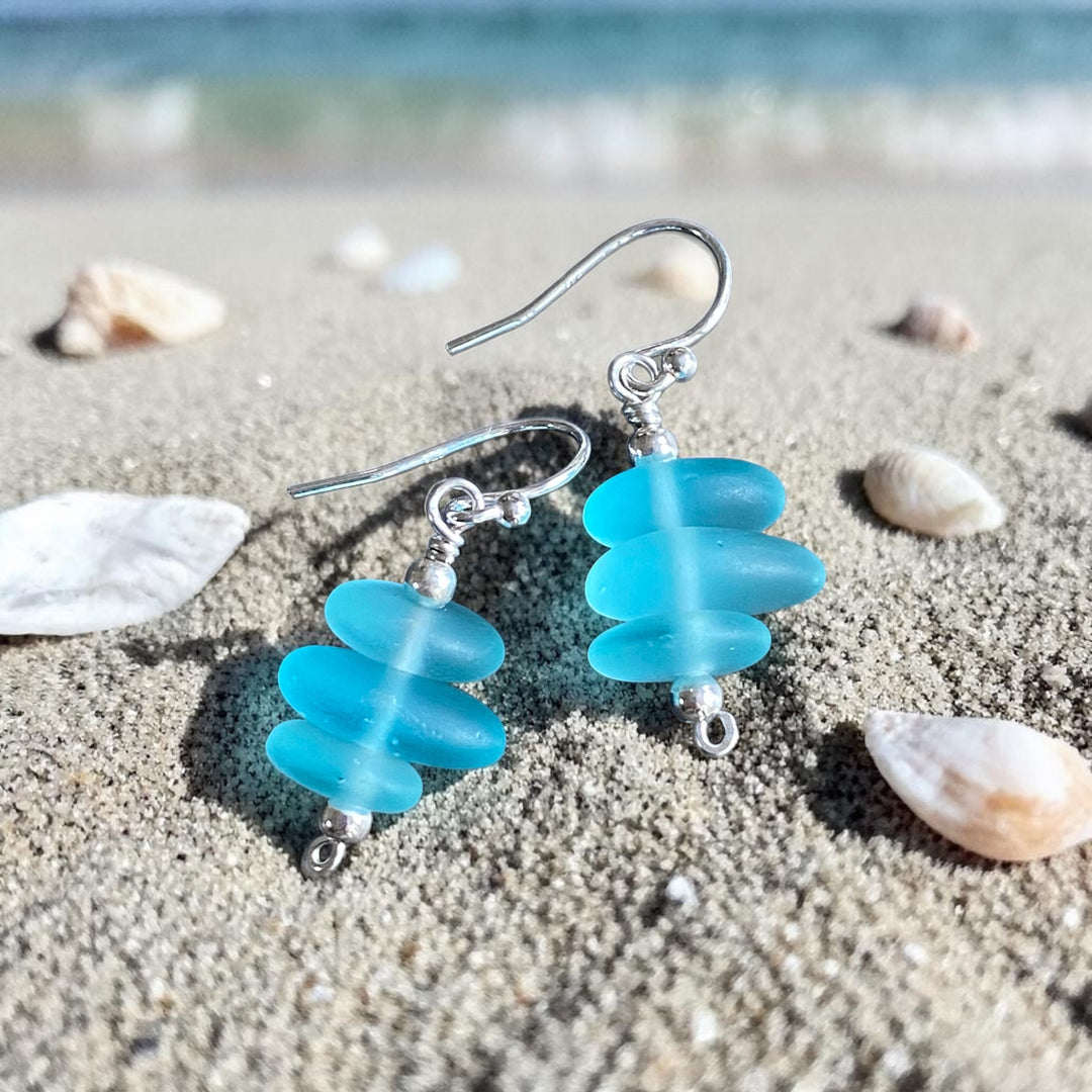Aqua Sea Glass Earrings in Sterling Silver, Beach Jewelry, Beach Wedding Jewelry